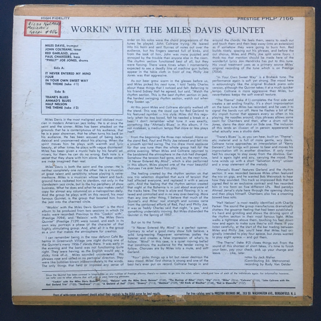 MILES DAVIS - Workin' with the Miles Davis Quintet / Original 1959