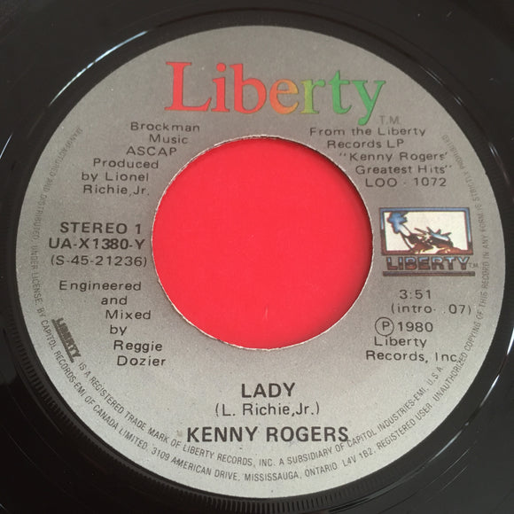 KENNY ROGERS - Lady (Original 1980) / UA-X1380-Y / Canada - 45 tours/rpm 7